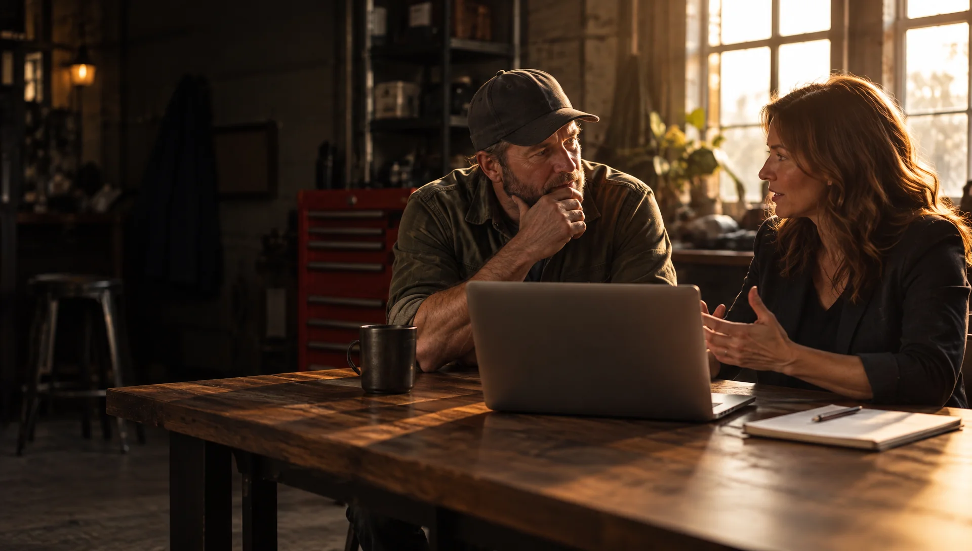 Contractor owner and strategist reviewing a pipeline at a workshop table