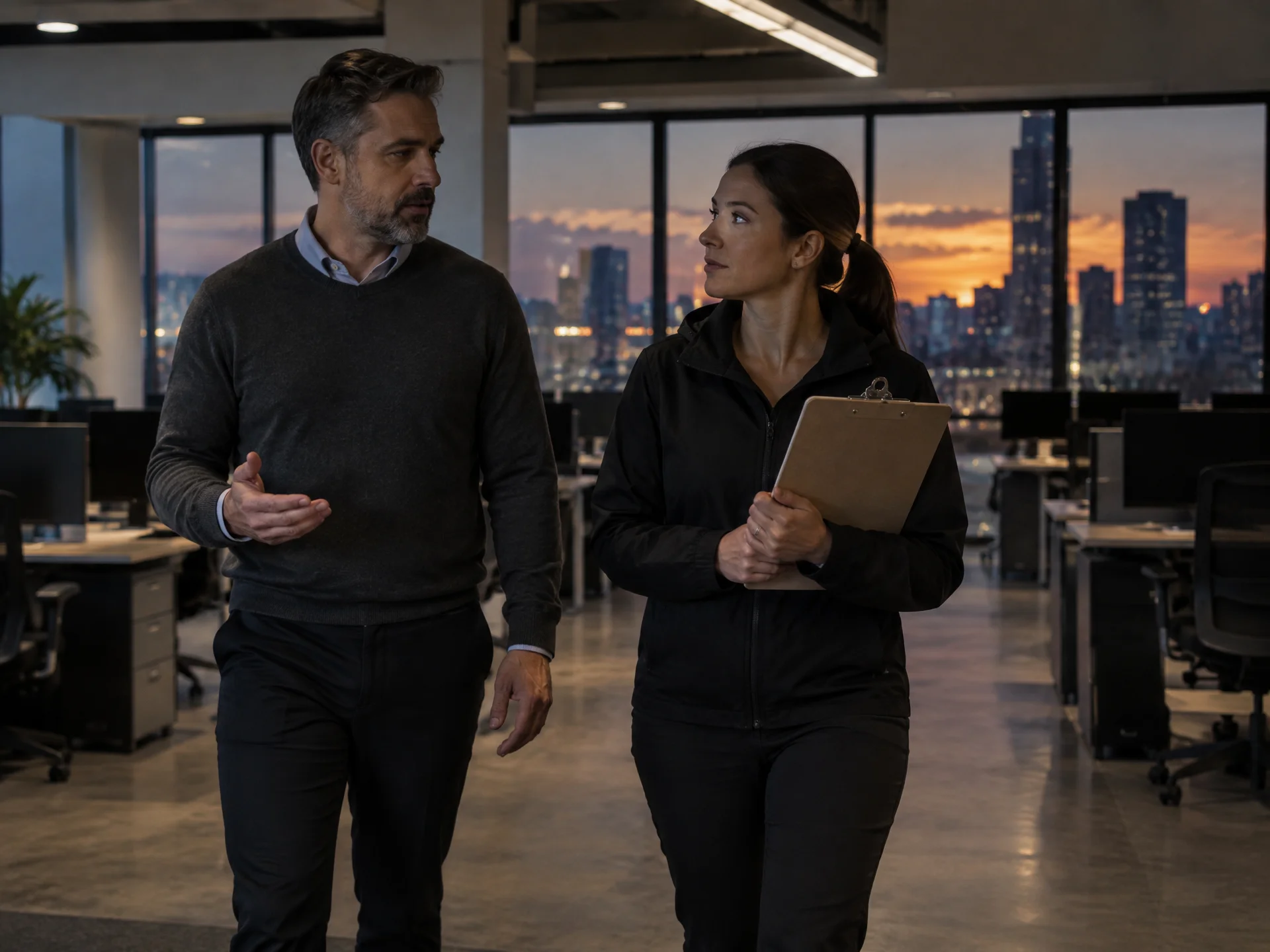 A facilities manager walking a cleaning estimator holding a plain clipboard through an empty office at dusk