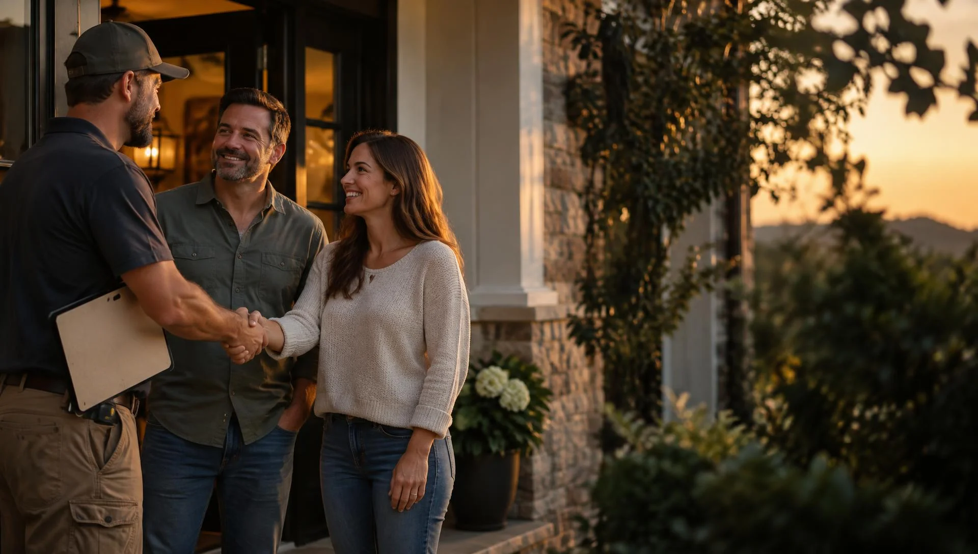 Contractor shaking hands with homeowners after an in-home estimate