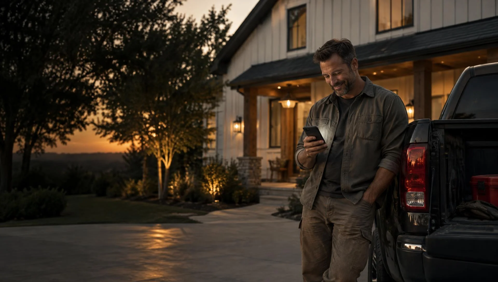 Contractor smiling at a booked appointment on his phone outside a client's home at dusk