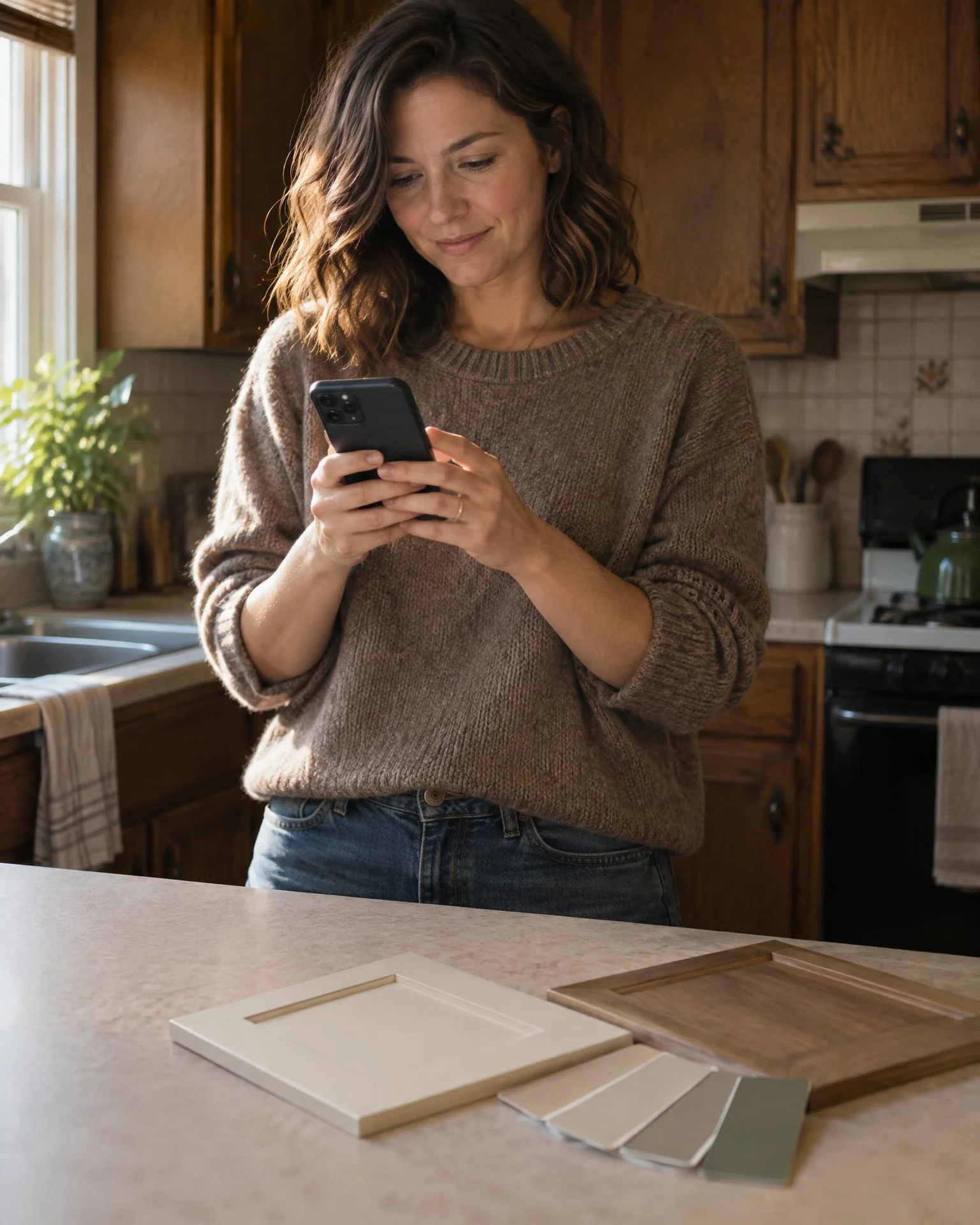 Homeowner submitting a kitchen remodel consultation request on her phone