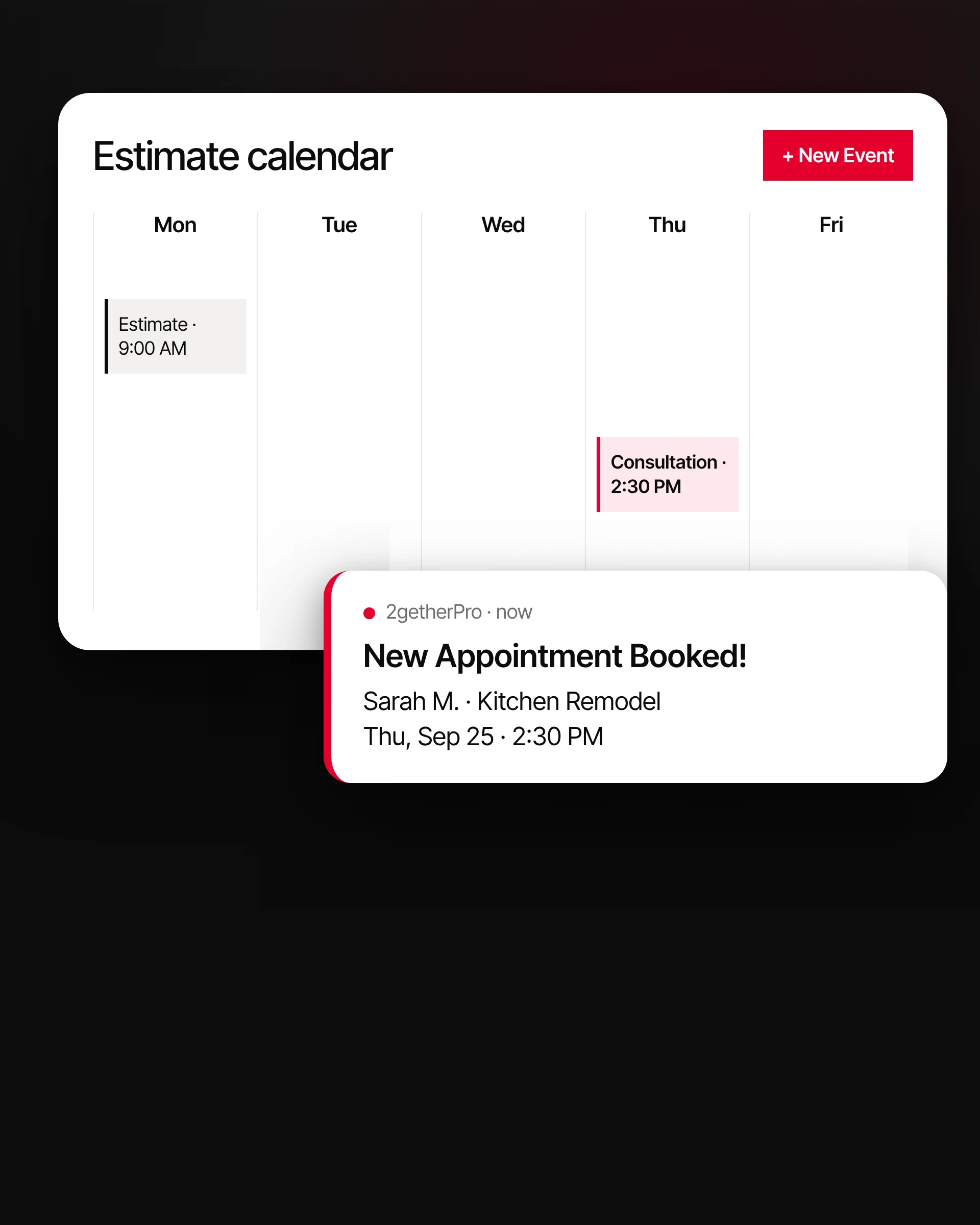 Estimate calendar showing the Thursday 2:30 PM consultation booked