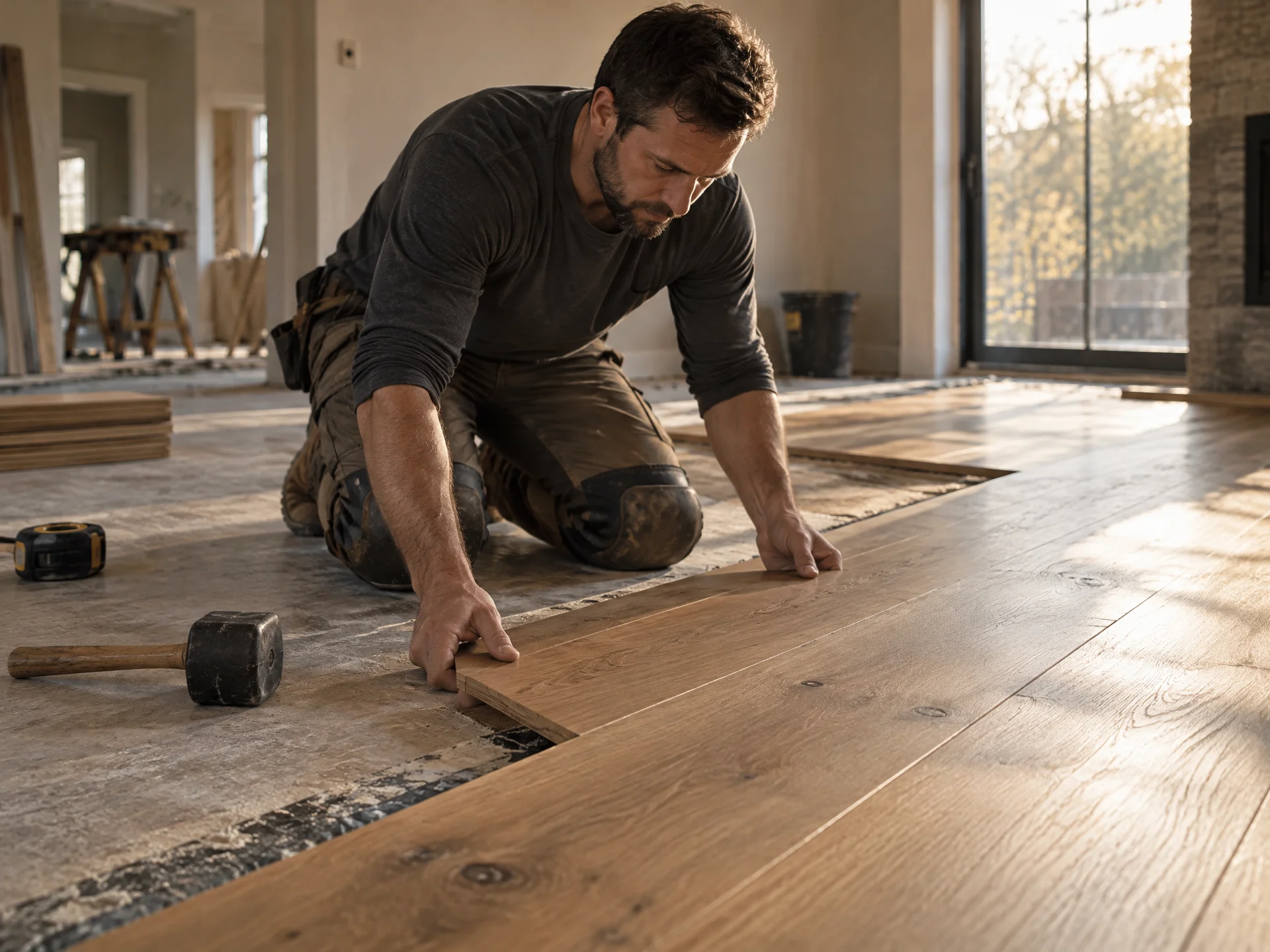 A flooring installer on knee pads fitting a wide-plank floor board in a partially finished room