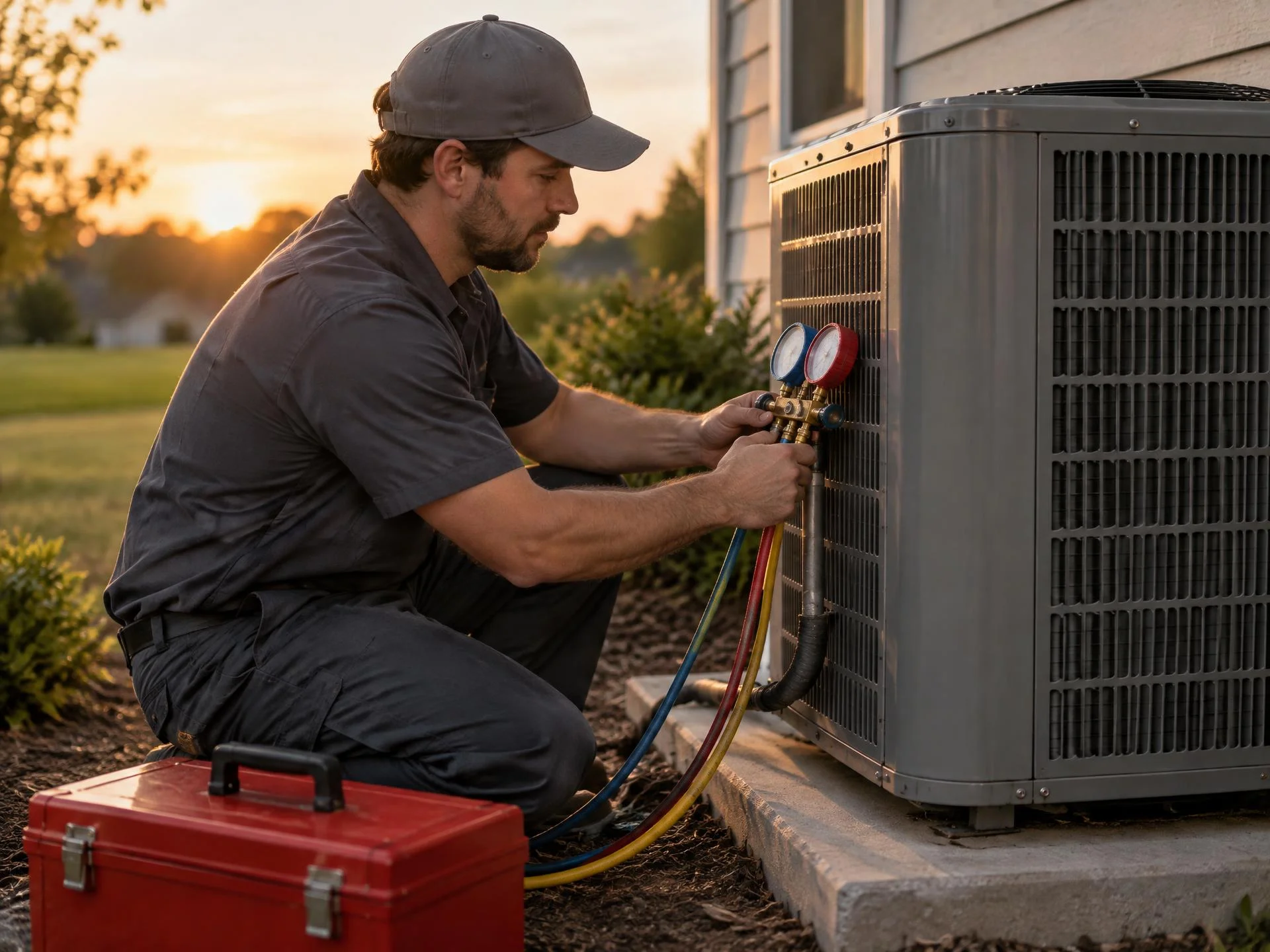 HVAC technician checking pressures on an outdoor unit before a replacement