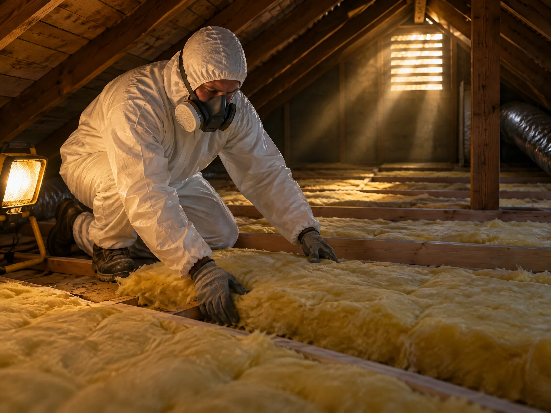 An installer in a protective suit and respirator laying insulation between attic joists beside a glowing work light