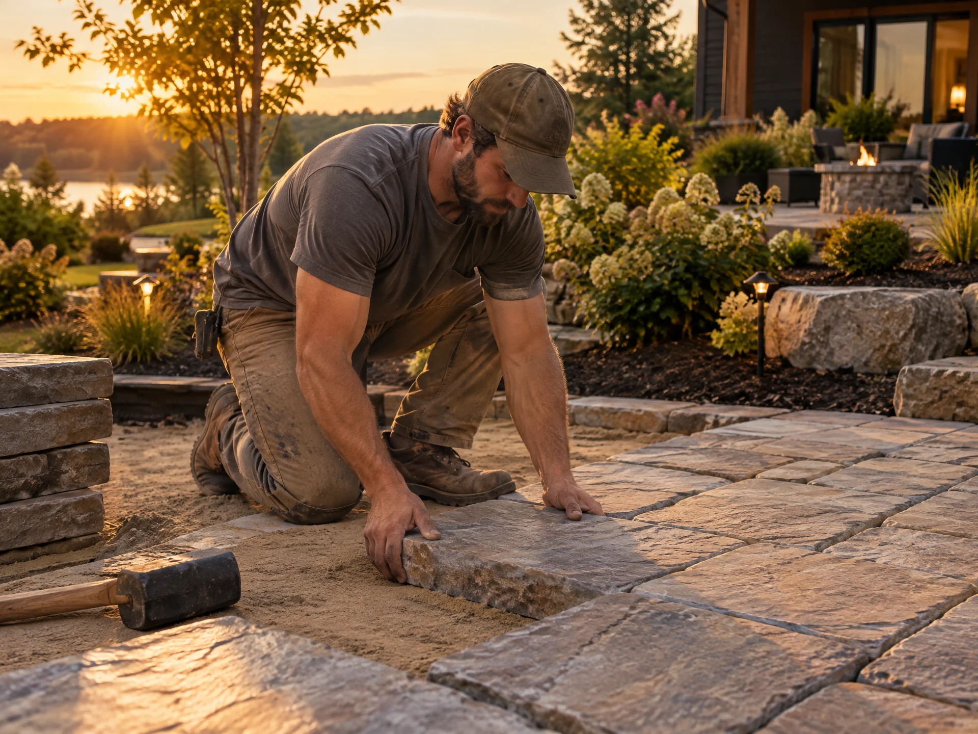 A landscaper setting stone pavers for a new backyard patio at golden hour with fresh plantings behind