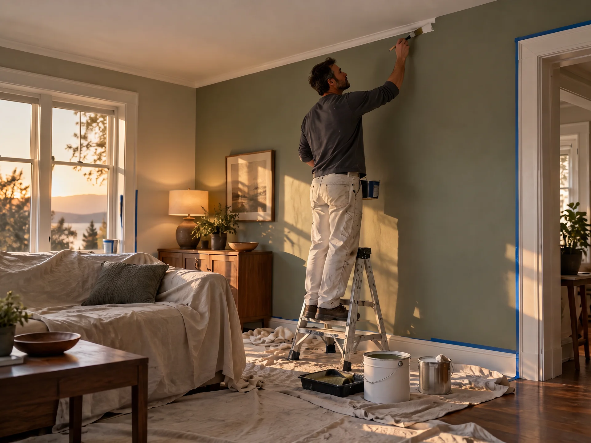 A painter on a step ladder cutting in a crisp line where a fresh green wall meets the ceiling in a living room with drop cloths and taped trim