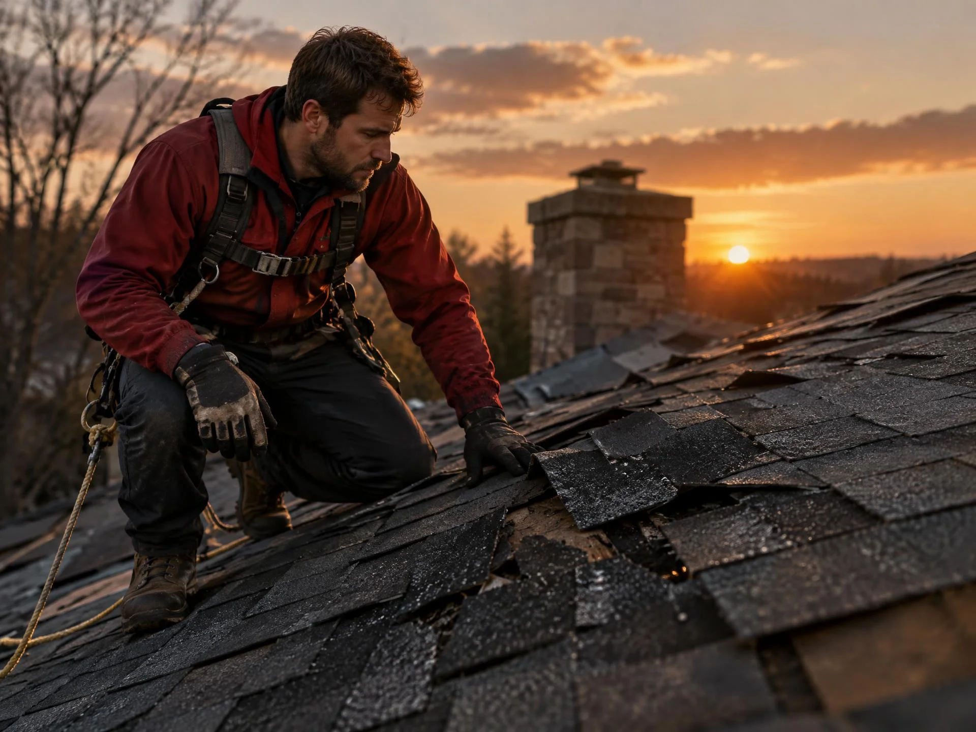 Roofer inspecting storm-damaged shingles at sunset
